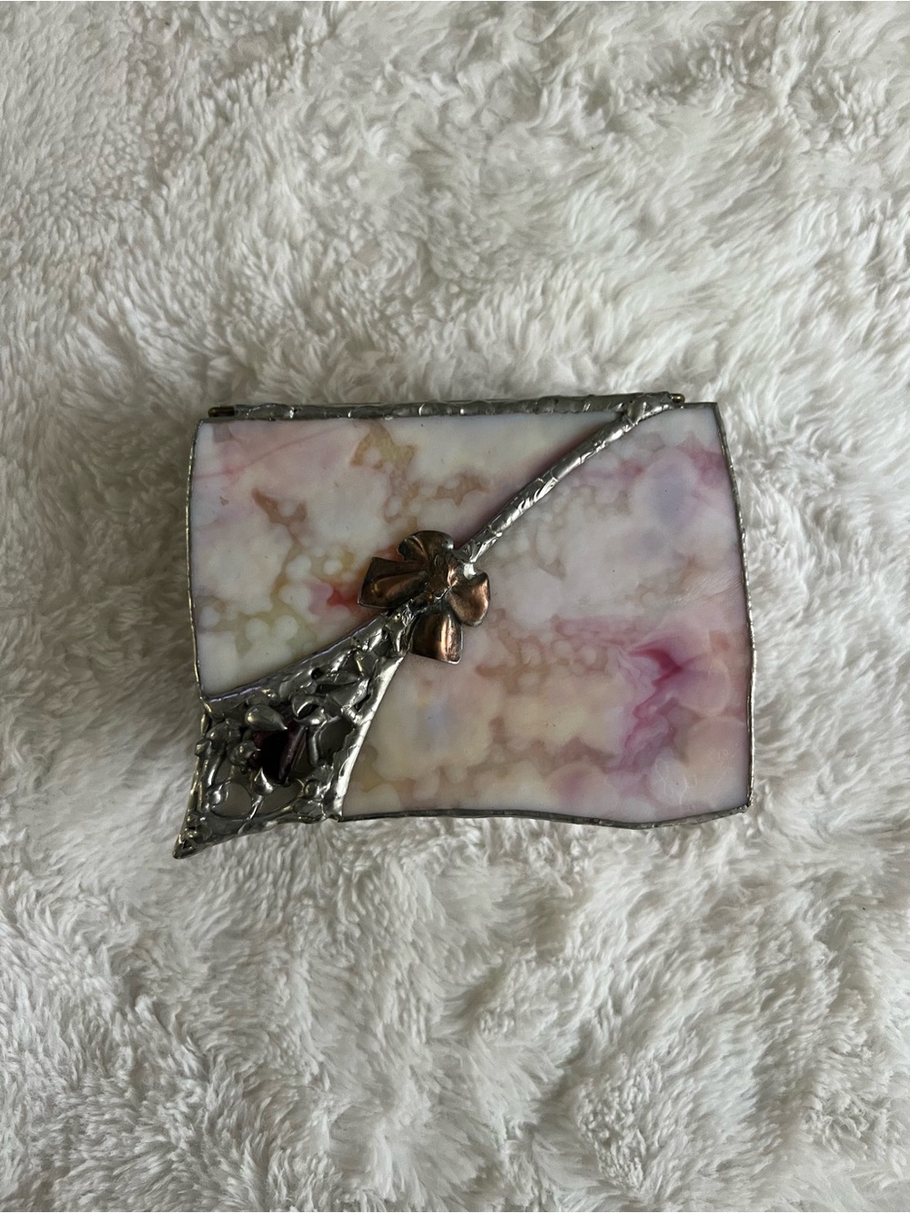 Vintage Style Pink Stained Glass Jewelry Trinket Box